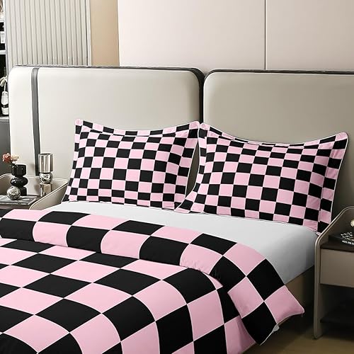 Miniatura 2 de Juego de ropa de cama a cuadros para adolescentes, mujeres, hombres, rosa, negro, a cuadros, 100% algodón, tamaño matrimonial, para niños y niñas,