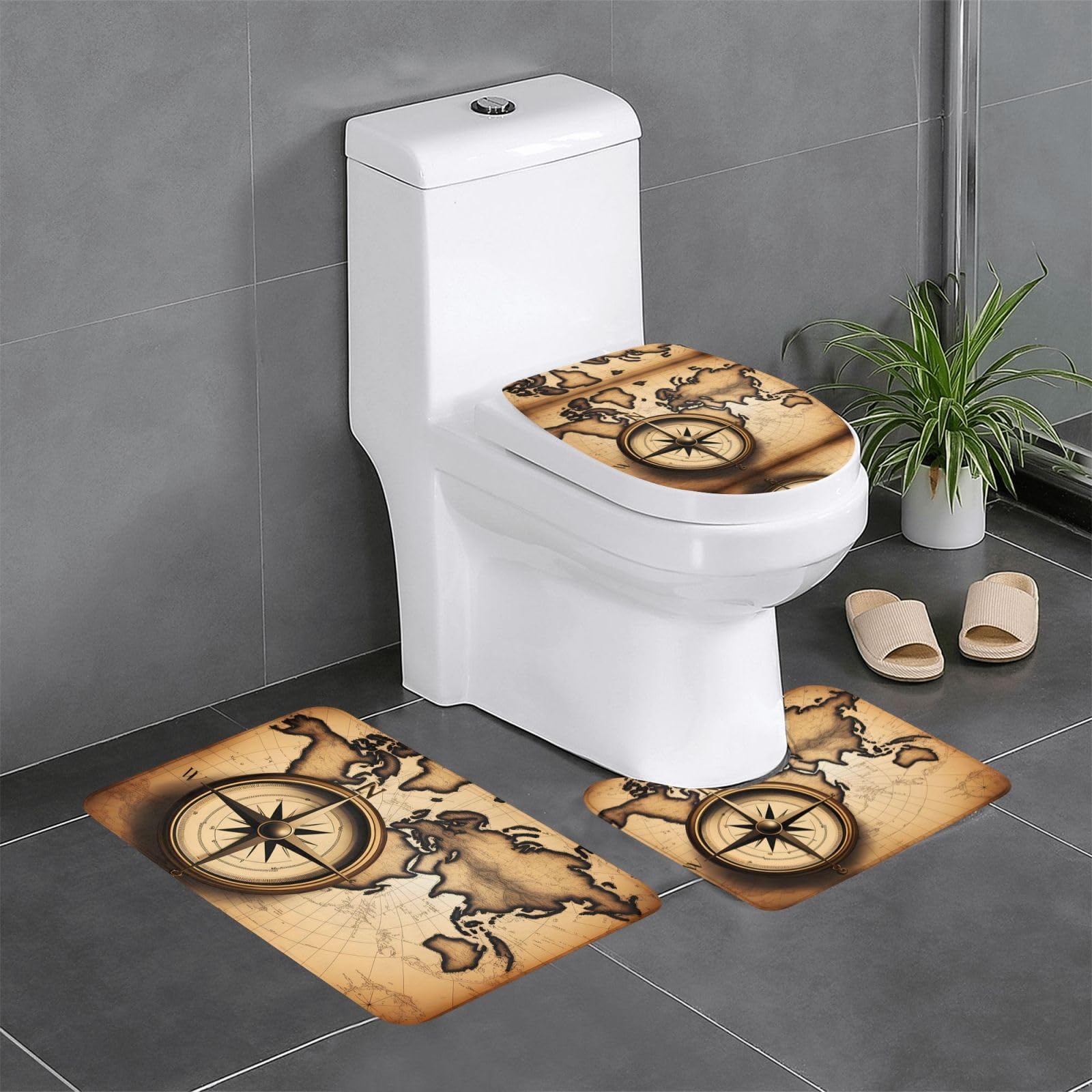 Tapis de salle de bain antidérapant lot de 3 boussole carte du monde pour toilette