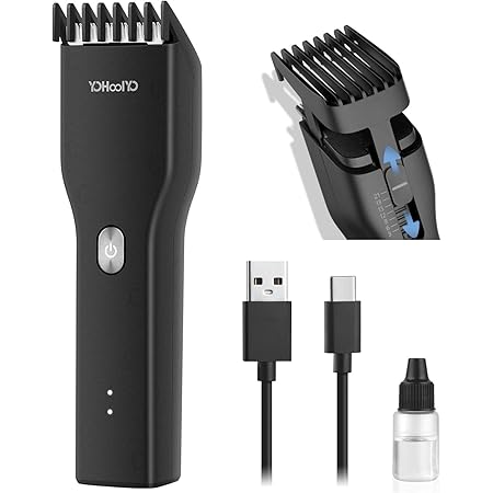 Amazon Yohoolyo 電動バリカン ヘアカッター 散髪バリカン アタッチメント交換不用 ２つカットモード 3 21mmまで刈り高さ調整可能 急速充電式 Ledランプ付き Ipx7防水 髭バリカン メンズ セルフカット 散髪用 こども用 家庭用 業務用 オイル付き 電源コード付き Black