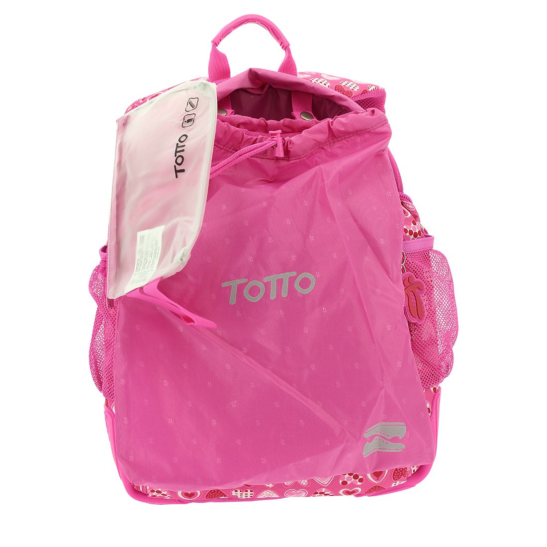 Totto - Zaino Scuola, Modello Crayoles, Capacità 20 L, Beauty Case e Borsa per Scarpe Removibili, Tasca per Bottiglia, Schienale ergonomico con flusso d'aria, Comodo e Resistente, Stampa Cuori Rosa