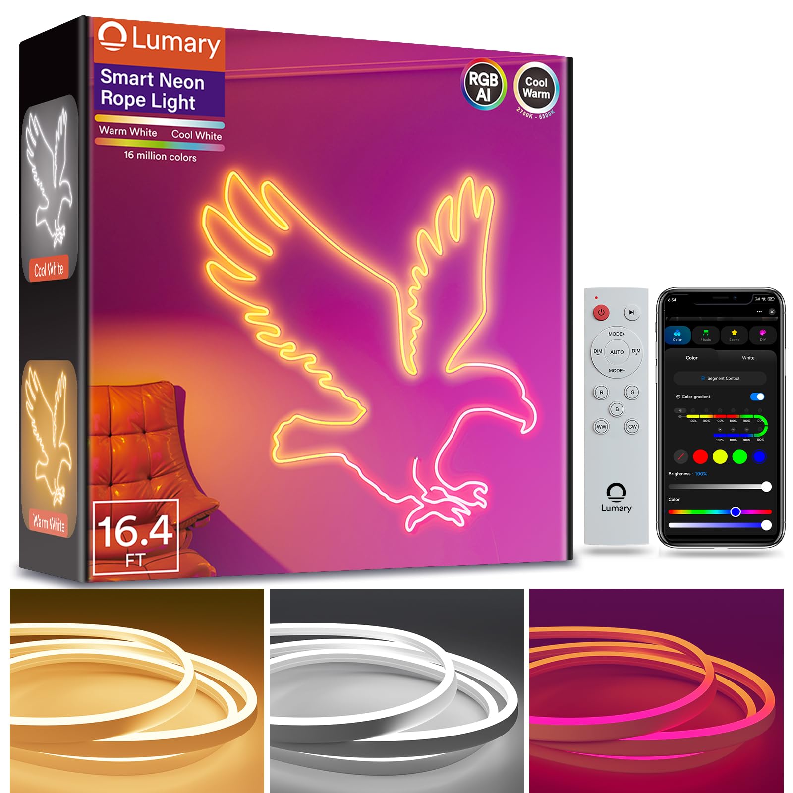 Lumary Smart RGBAICW Neon Rope Lights Indoor, 16.4ft Led Strip Light Works with Alexa/Google Assistant, Warm White to Cool White Rope Light for