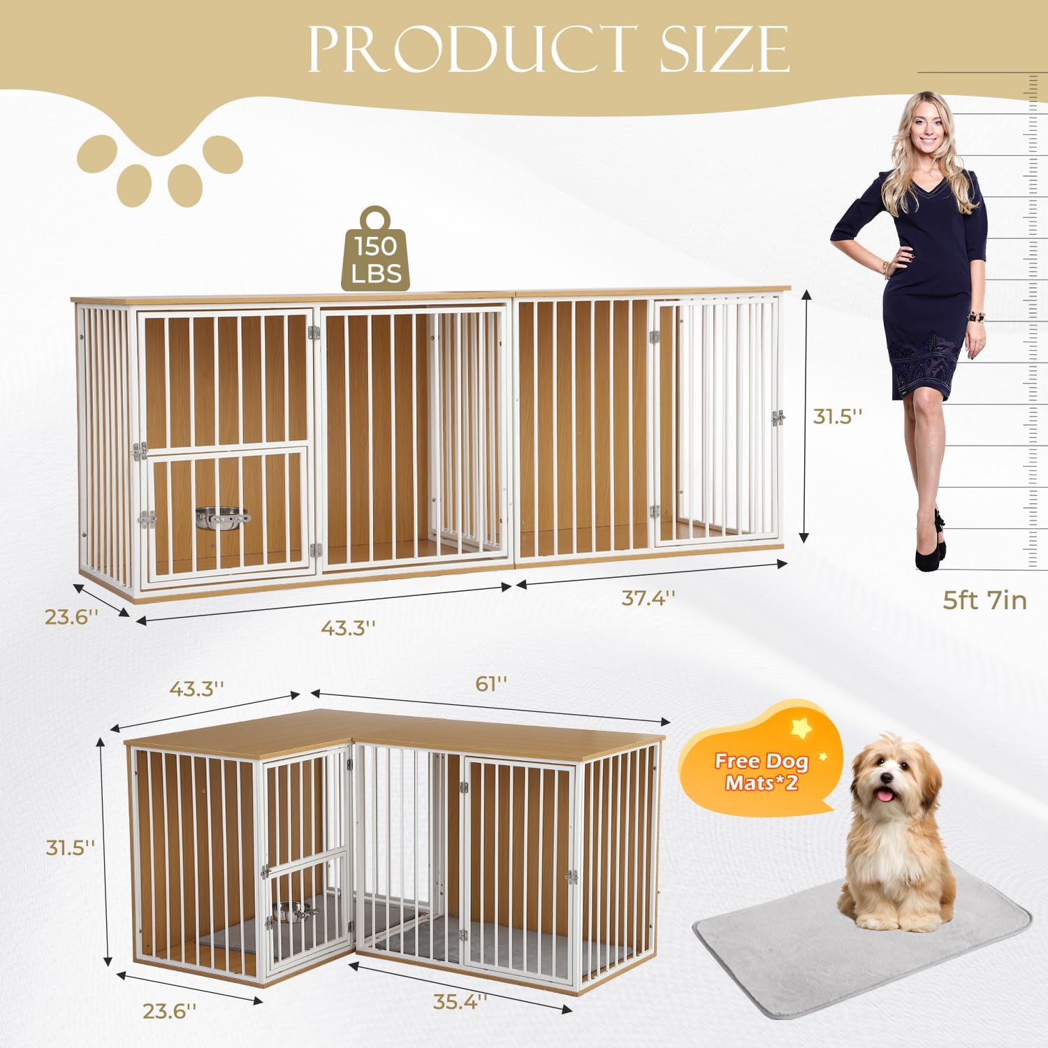 Large Double Dog Crate Furniture - TV Stand & Indoor Kennel with Adjustable Divider, Heavy Duty Wooden Pet House for 2 Large Breed Dogs, Removable Doors, with Rotating Feeder (White)