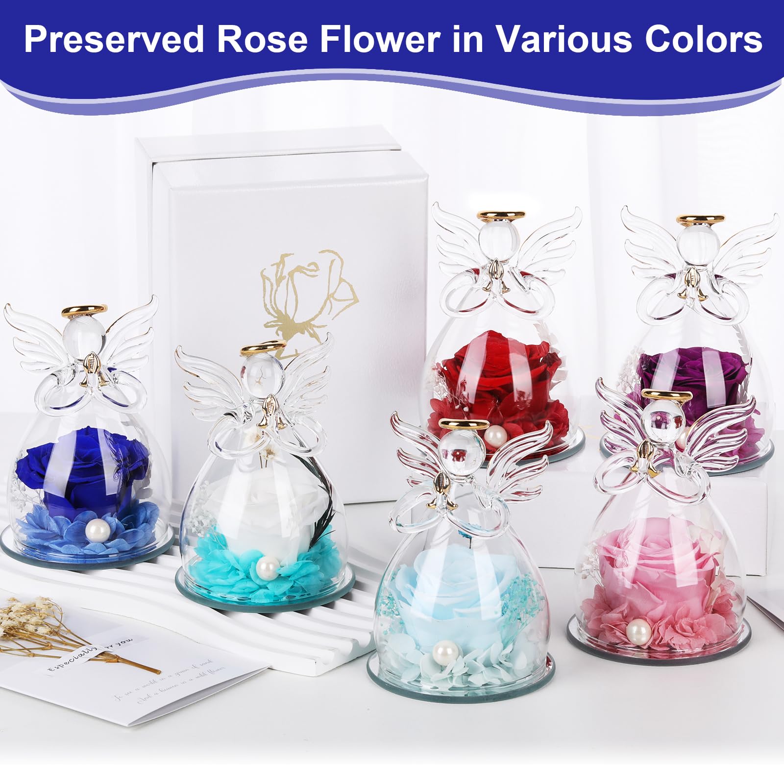Rosa Stabilizzata Vera Regalo Mamma, Statuette Angeli in Vetro con Fiori Eterni