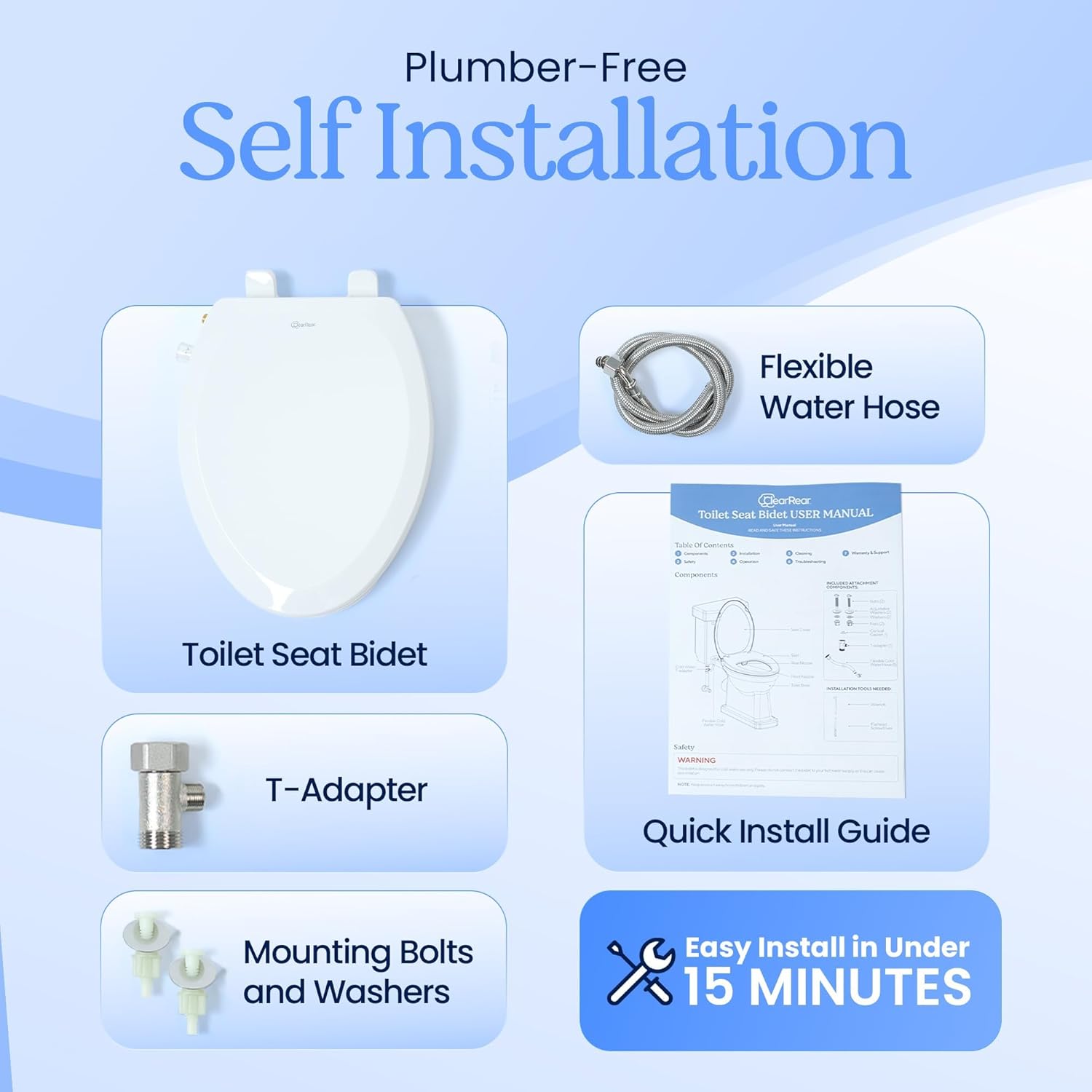 CLEAR REAR Elongated Bidet Toilet Seat – Non Electric Attachment for Toilets, Easy to Install Self Cleaning, Rear & Feminine Wash Nozzles, Adjustable Water Sprayer, Eco Friendly Hygienic Upgrade