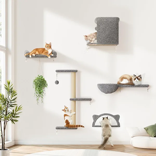 PLEKER Cat Wall Shelves 5-in-1 Modern Climbing Wall Furniture Set for Cats with Scratching Posts, Cat Bed & Sofa, Space-Saving Perch for 16" Drywall, Light Gray