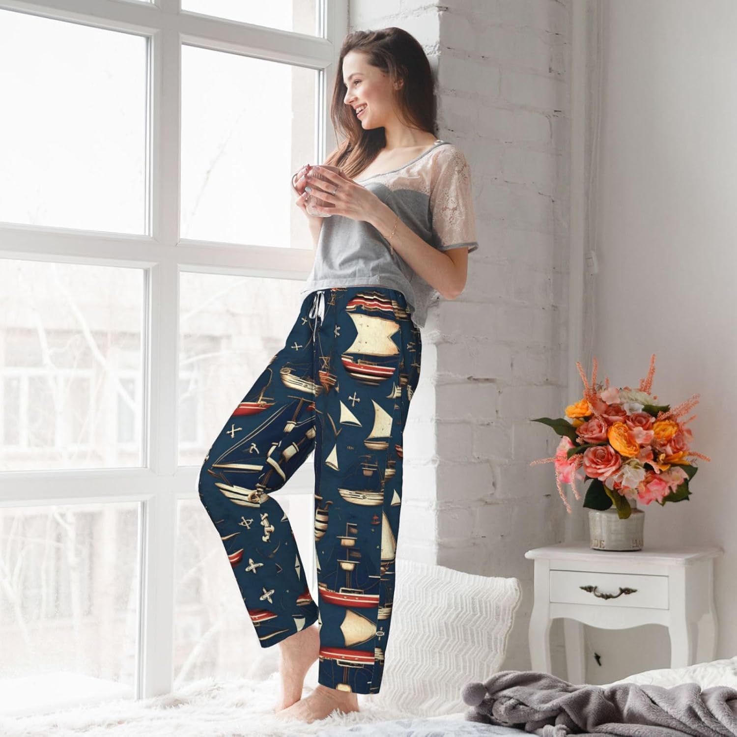 Nautical Sailing Pirate Theme Print Cozy Flannel Pajama Pants For Women,Warm Christmas Pj Pants,Cute Fleece Pajamas
