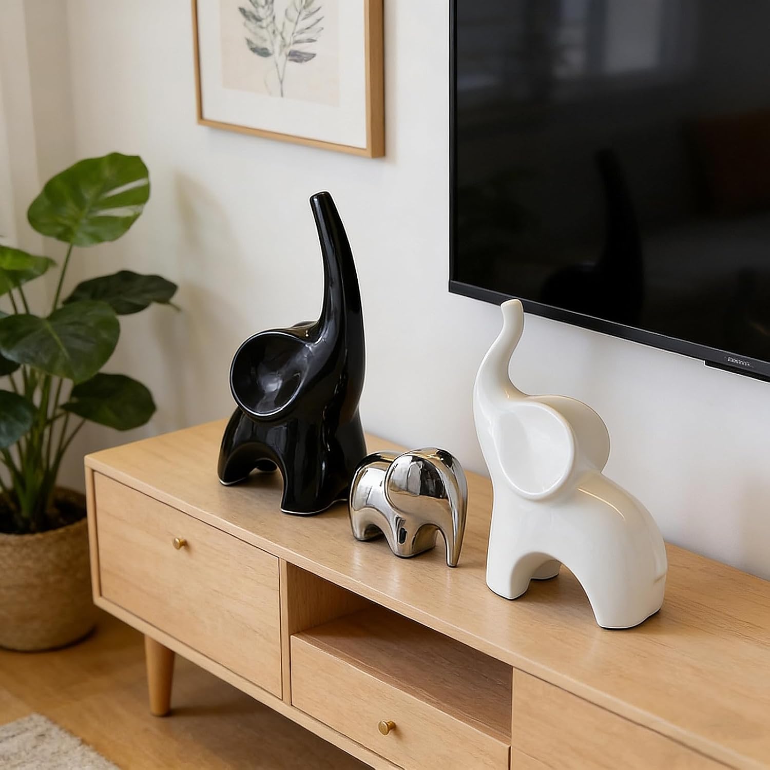 Elephant Statue Set of 3,Modern Ceramic Decor Statue,Good Luck Elephant,for Bookshelf Living Room Office Table Shelf Decorations.Gift for Elephant Lovers. (Big Ear Elephant)