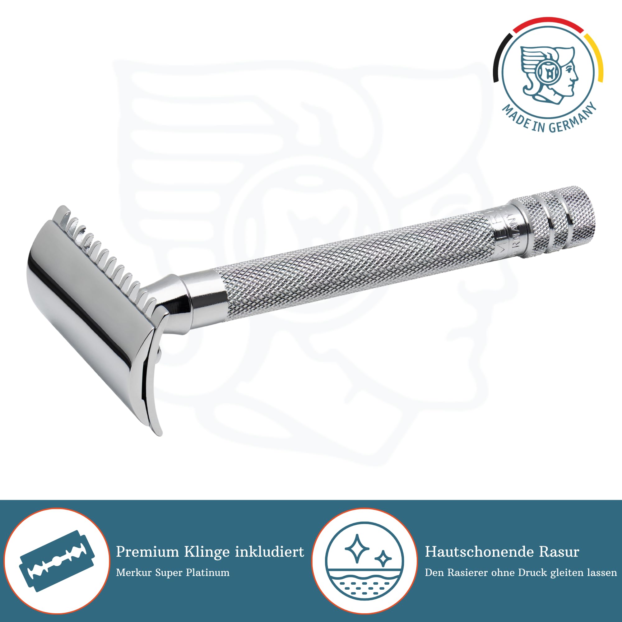 MERKUR Maquinilla de afeitar 25C | Clásica con peine de dientes cromado brillante | Maquinilla de afeitar de tres piezas con corte recto | Peine abierto | Ideal para el afeitado en húmedo | Zinc