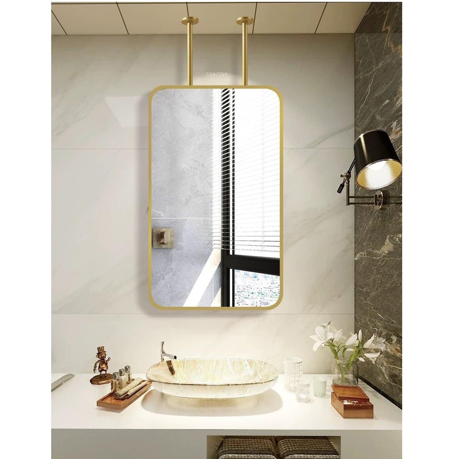 Recle Metalowe wiszące lustro sufitowe – stylowe wiszące lustro łazienkowe z podwójnymi prętami do przedpokoju i hotelu, 40 x 60 cm, nowoczesna dekoracja domu