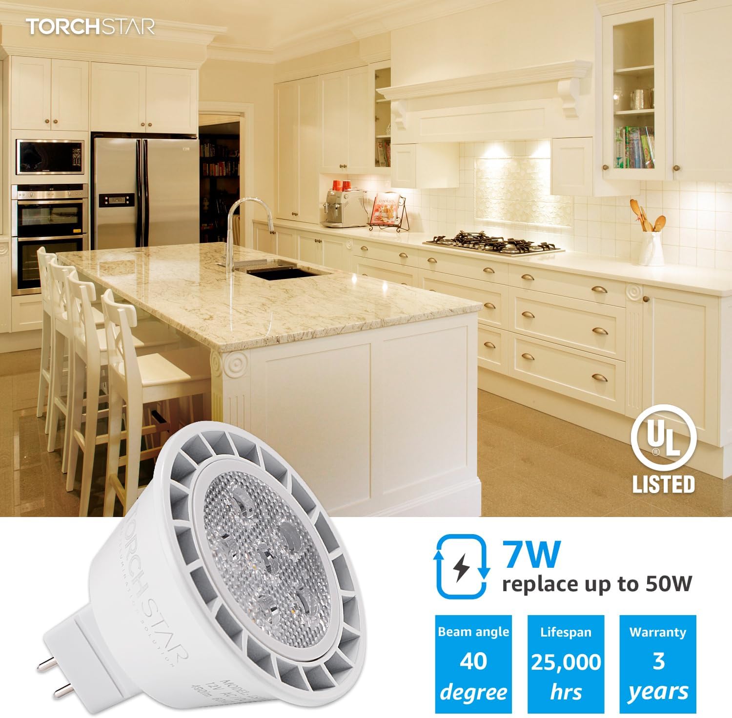 TORCHSTAR MR16 LED Bulb Dimmable, Aluminum, 12V 7W, GU5.3 Bi-Pin Base MR16 LED Spotlight, UL Listed, Spot Light Bulbs for Recessed Track Lighting, 3000K Warm White, Pack of 6