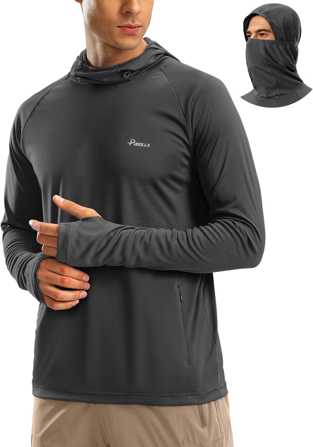 Pudolla Men's Sun Protection Hoodie UPF 50+ Fishing Hiking Shirt UV Shirts with Mask for Men Long Sleeve Lightweight