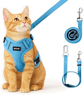 고양이 하네스, 산책용 고양이 하네스 및 목줄, 탈출 방지 부드러운 조절 가능한 조끼 하네스, 고양이를 위한 쉬운 제어 통기성 반사 스트립 하네스, 새끼 고양이 하네스 및 목줄 세트, 블루, S