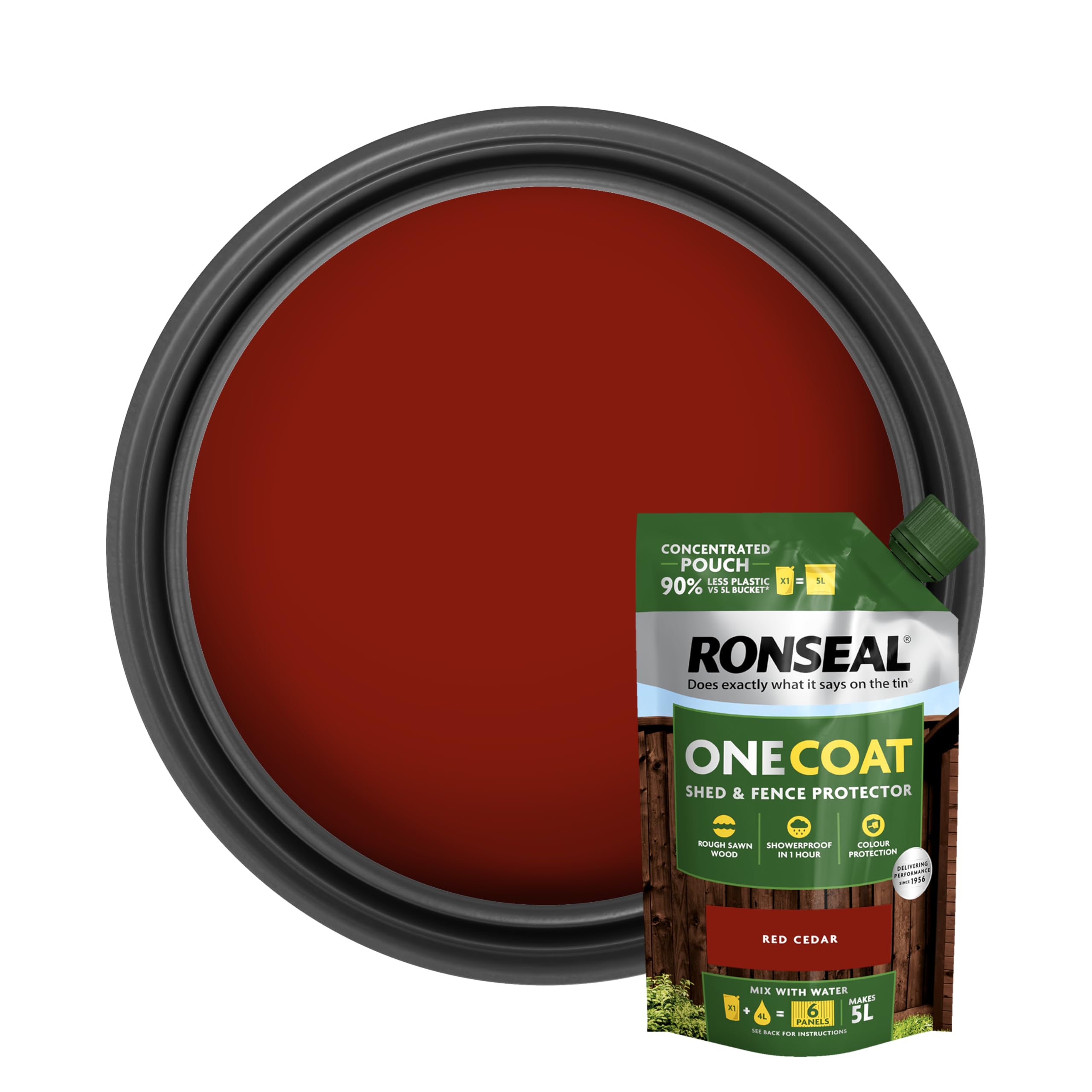 Ronseal One Coat Shed & Fence Refill Pouch Cedar Red 950ml Concerntrate - Mix with Water to Make 5 Litres of Paint for Effortless Coverage and Long-Lasting Protection