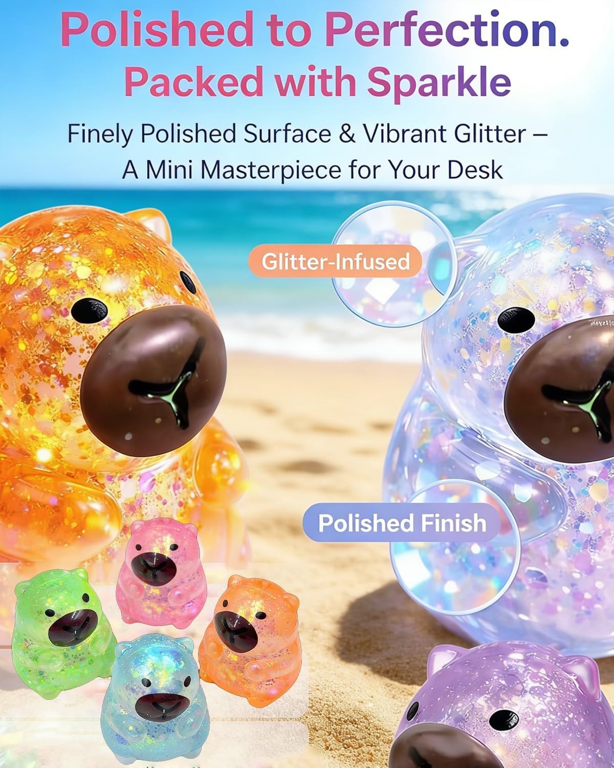 Capybara Squishy Glitter, Animal Squeeze Balls Cute Capybara Stress Toy Thick Glue Stretch Anxiety Relief Slow Rise Sensory Fidget Tool Gift Sparkling Desk Decor Collectibles Dough