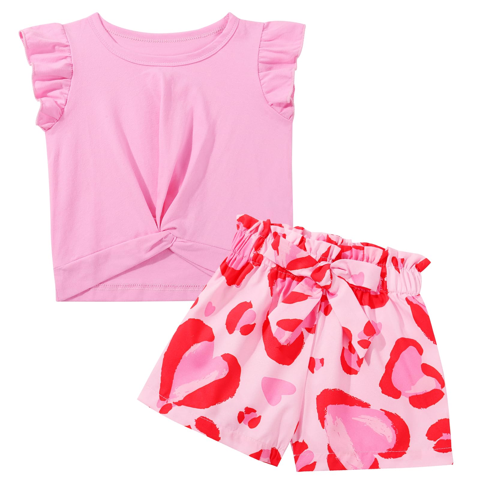Valcatch Toddler Girls Clothes Two Piece Kids Summer Outfit Cute Ruffle Sleeve Twist Front Shirt and Bowknot Shorts Sets