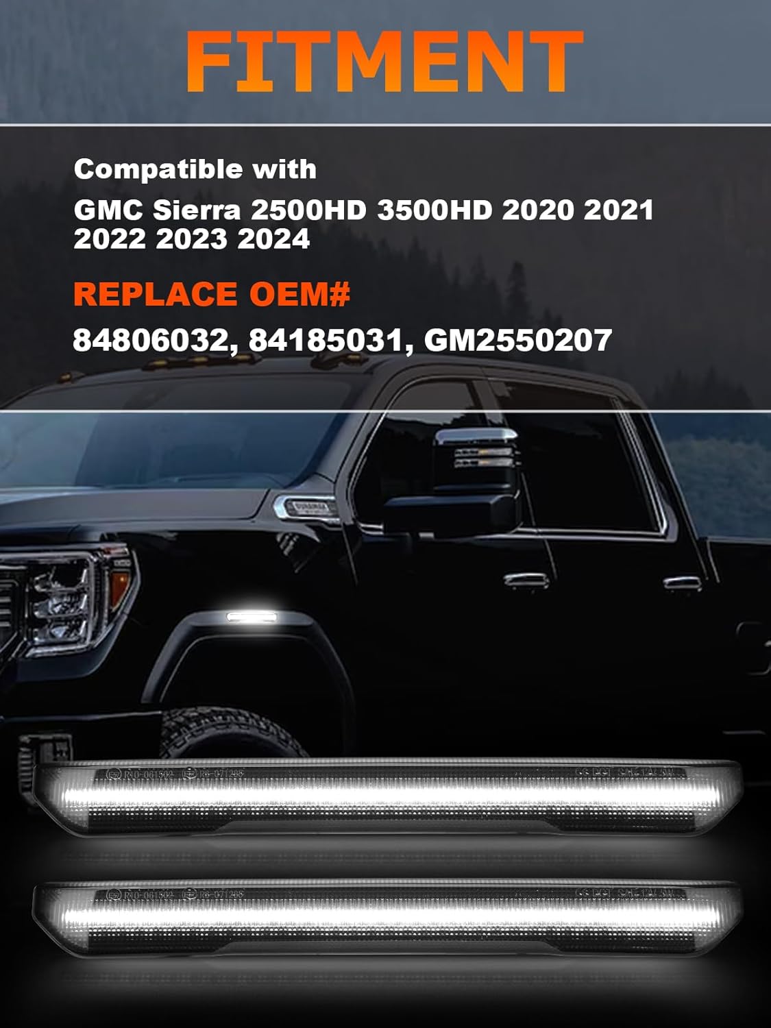 Upgraded White LED Fender Side Marker Light Compatible with GMC Sierra 2500HD 3500HD 2020-2025 Pickup, Front & Rear Side Parking Position Turn Signal Lamp, Smoked Lens LED 4PCS