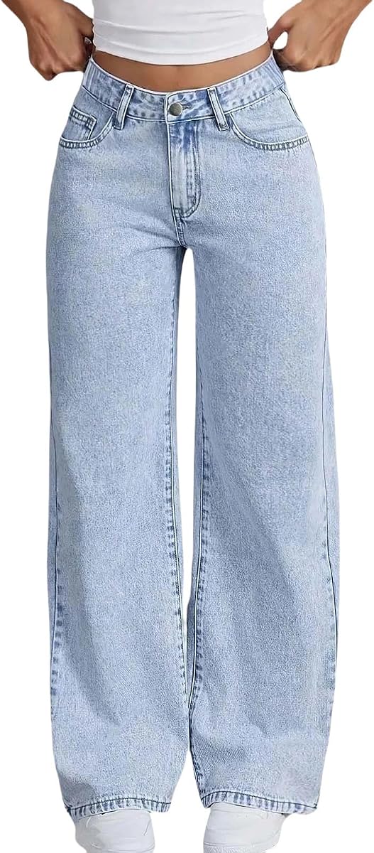 Pantalones vaqueros de talle alto para niñas, pierna ancha, rectos, Y2K, pantalones de mezclilla holgados, lindos pantalones de mezclilla holgados