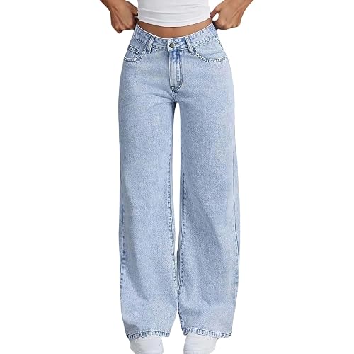 Girls High Wasited Jeans Wide Leg Straight Y2K Solid Baggy Denim Pants Cute Loose Fit Denim Trousers