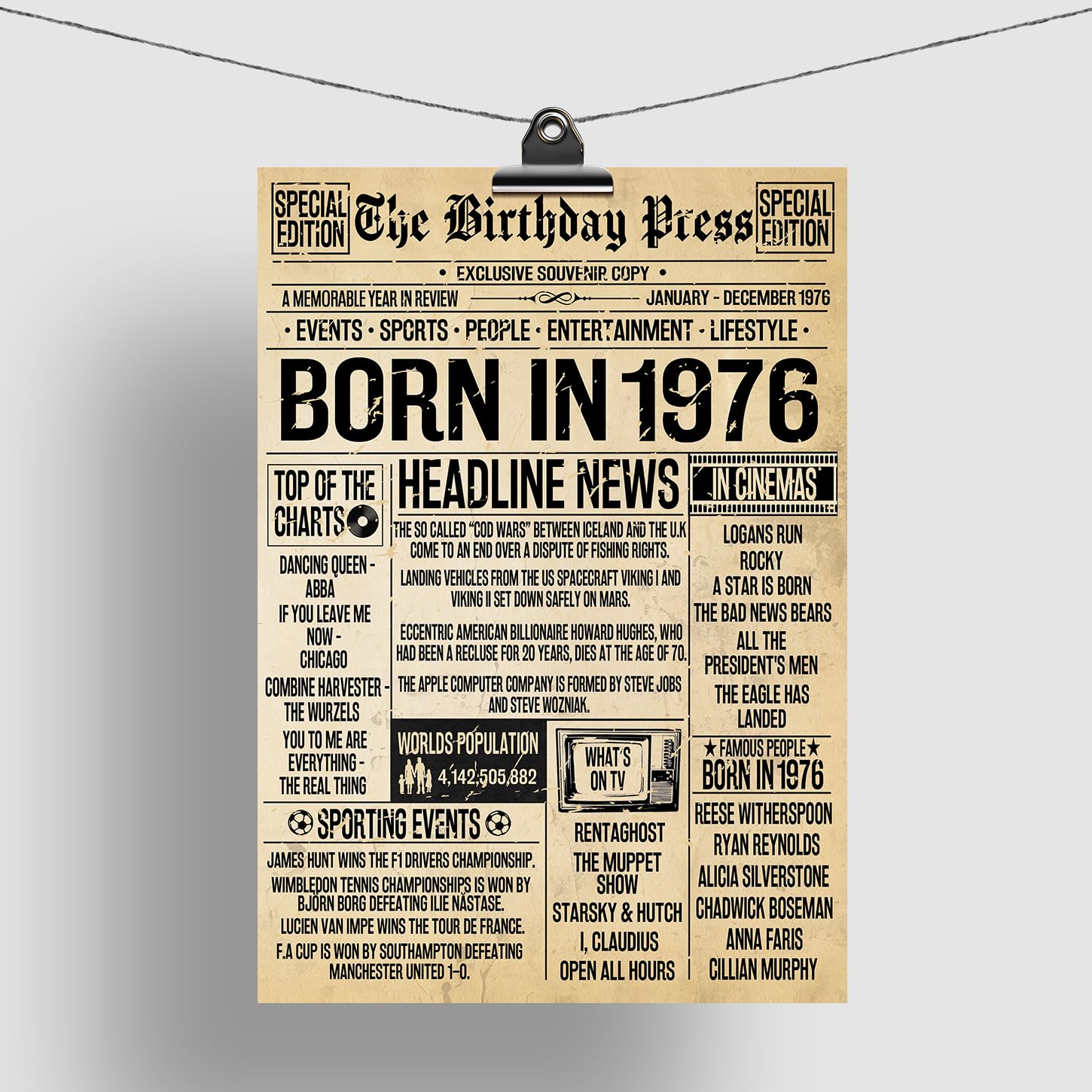 Stuff4 50th Birthday Poster Unframed - Born In 1976 Vintage Newspaper - Happy 50th Birthday Gifts for Women Men Retro Back In 1976, 8x10 Inch Decor Decoration Bday Party — view 5