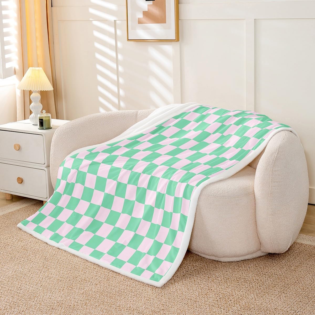 Manfei Pink Green Grid Throw Blanket Geometric Plaid Square Fleece Blanket, Kids Boy Girl Room Decor, Soft Lattice Checkerd Cozy Throws for Bed Couch Sofa, Soft and Breathable(60 x 80 Inches)