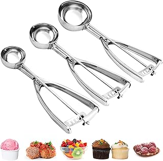 HUDAEN Cookie Scoop Set,Ice Cream Scoop Set,3 PCS Silver Ice Cream Scoops with Trigger Release Include Multiple Size Larg...