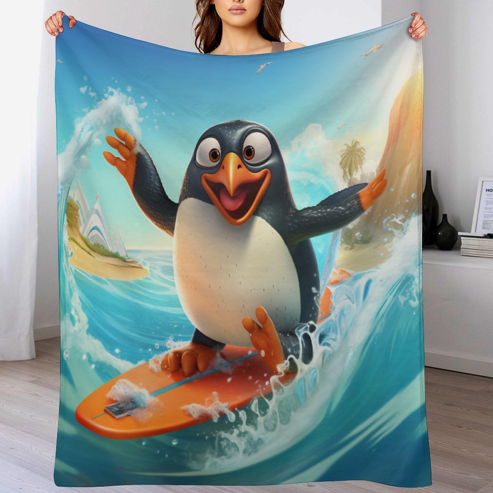 Couverture de salon pingouin surfeur en flanelle douce 130x150 cm