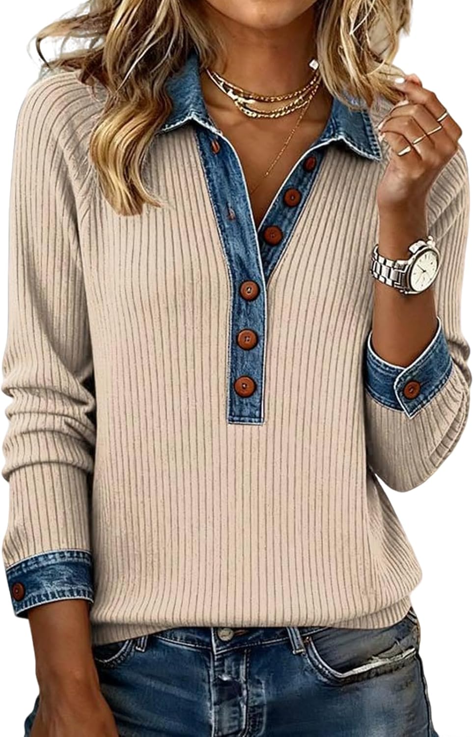 Womens Oversized Polo Sweater Long Sleeve Button Up Denim Sweatshirt Pullover Tops Tunic Collared Sweaters
