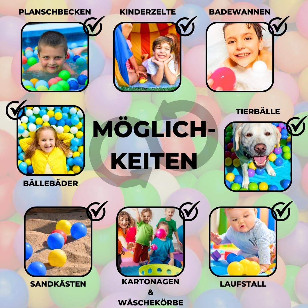EKNA Spielbälle Ø 5cm - Bällebad Bälle 200 Stück - Bunte Auswahl für Bällebad-Pool - Plastikbälle Baby-Bälle Farben Hellgrün Hellblau Gelb Rosa Weiß Lila