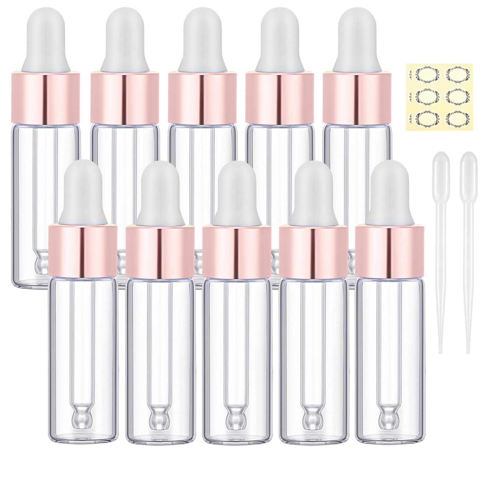 Apstaqeoo 10Pcs, 5Ml Clear Glass Sample Dropper Bottles, Empty Mini Bottles with Dropper Pipettes Rose Gold Aluminum Alloy Cap Refillable Sample Container for Essential Oils Perfume Cosmetic Liquid