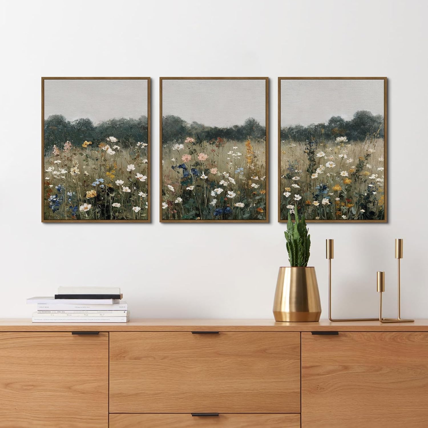 Vintage Meadow Landscape Country Wall Art Framed Canvas Prints Art Decor, Retro Scenery Antique Painting Rustic Spring for Living Room Bedroom Home Bathroom Wall Decoration, 12x16inch, Set of 3