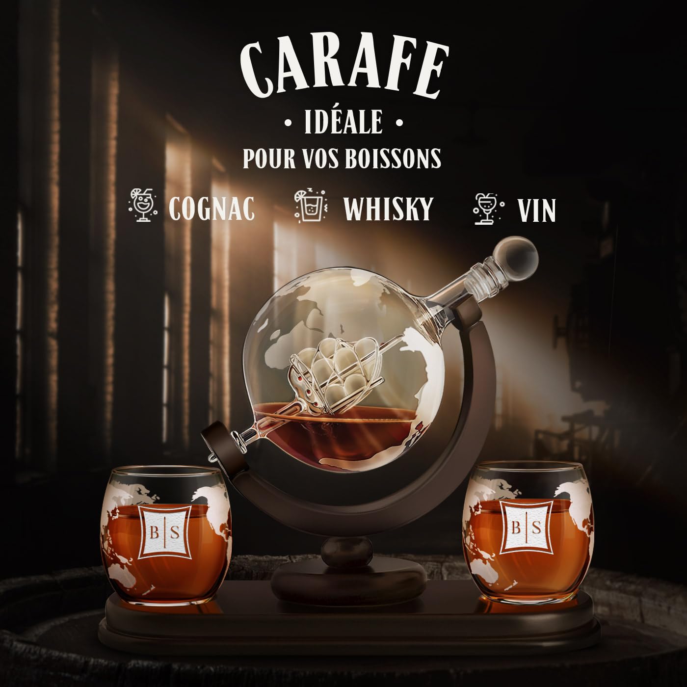 Maverton Ensemble de Carafe Globe avec 2 verres gravés à whisky