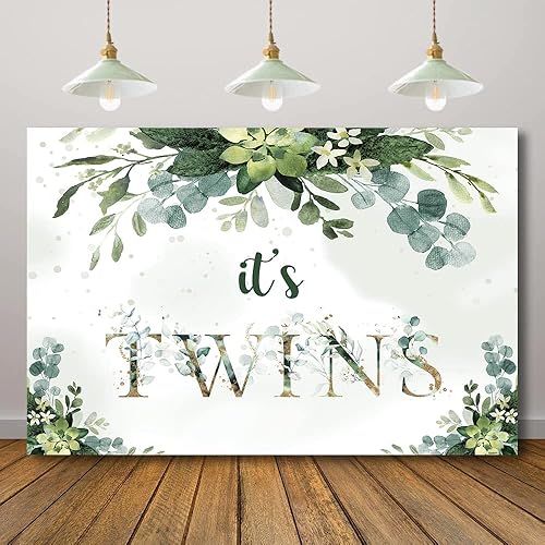 Rarcoirs Greenery It's Twins - Telón de fondo de hojas verdes, gemelos, decoración de fiesta de baby shower, predicciones y deseos, fondo