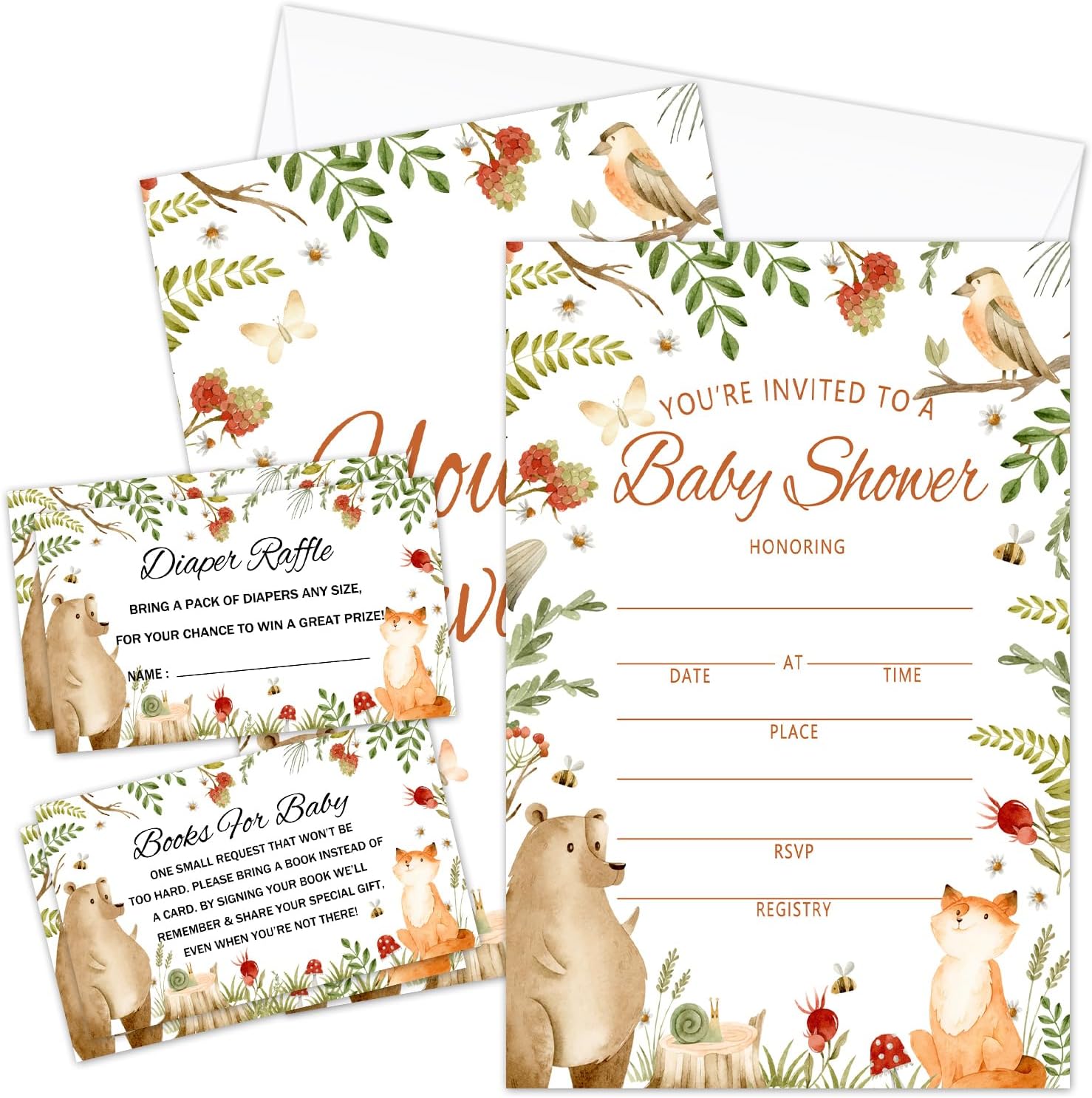 Woodland Baby Shower Invitations Kit with Envelopes, 25 Set Baby Shower Invites & 25 Diaper Raffle Tickets & 25 Baby Shower Book Request Cards, Baby Shower Celebration Supplies & Favors -06