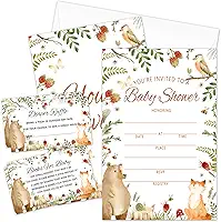 Kit de convites para chá de bebê Woodland com envelopes, 25 conjuntos de convites para chá de bebê e 25 bilhetes de sorteio de fraldas e 25 cartões de solicitação de livro de chá de bebê,