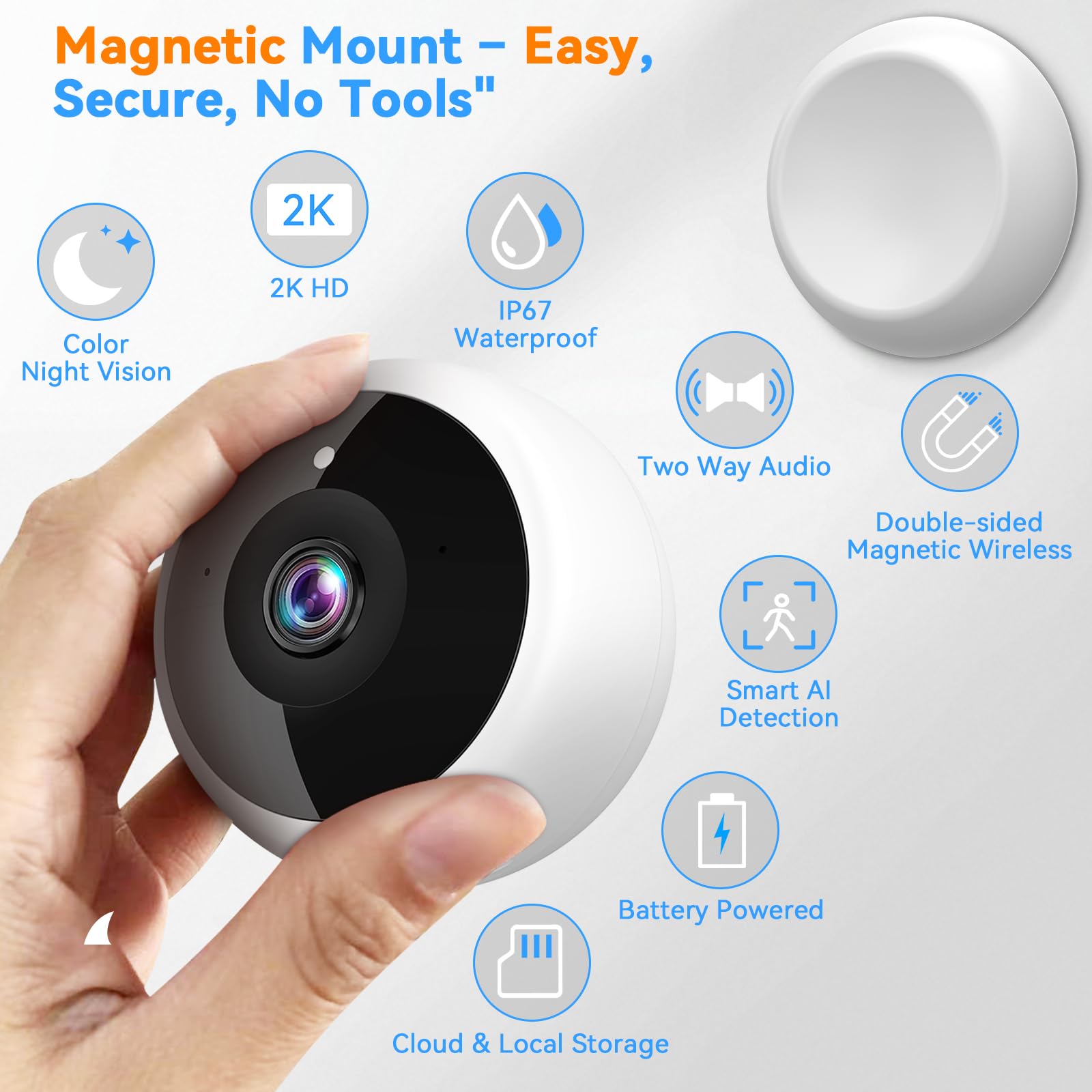 Thybro Telecamera di sicurezza magnetica wireless, video HD 2K, rilevamento del movimento AI, alimentazione a batteria, audio a 2 vie, visione notturna a colori IR, impermeabile, sorveglianza esterna