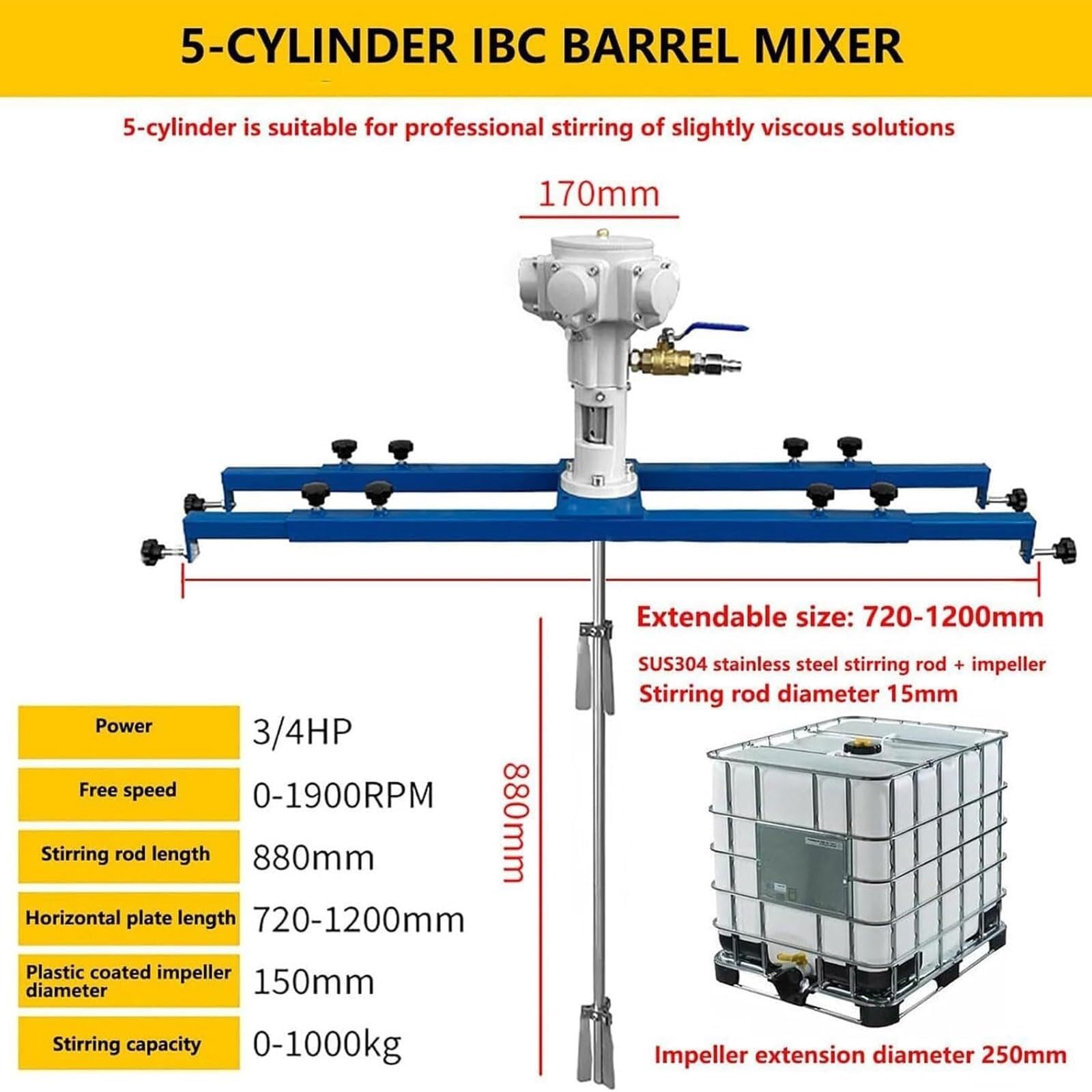Agitador de aire for IBC de 1900 RPM, mezclador de pintura neumático de 3/4 HP, mezclador de tanque de acero inoxidable de 1000 L, longitud de varilla de mezcla de 880 mm, diámetro del impulsor de 250