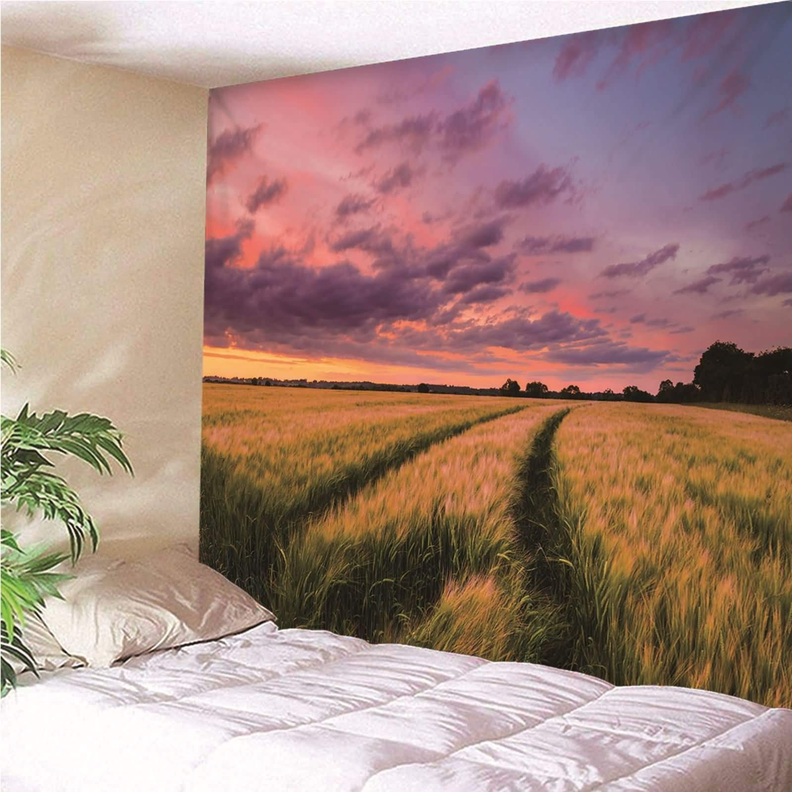 Tapices de Tela Poliéster Tapiz Piscina Césped y Cielo Verde Púrpura Tapiz de Pared 200x200CM