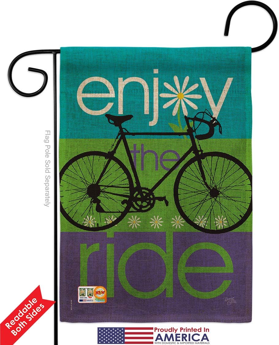Bike Ride Burlap Garden Flag Set with Stand Sports Cycling Bicycle Velo Entertainment Activity Physical Small Decorative Gift Yard House Banner Double-Sided Made In USA 13 X 18.5