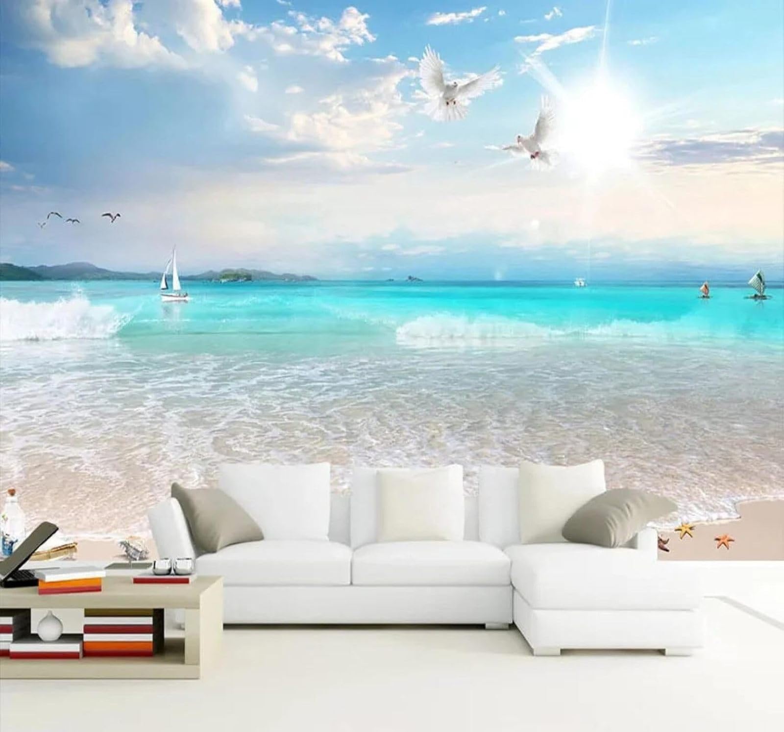 XLMING Fresh Blue Sky White Clouds Beach Seascape 3D Wallpaper Luxury Home Dining Decor Paste Sofa Living Room The Wall for Bedroom Mural-300cm×210cm
