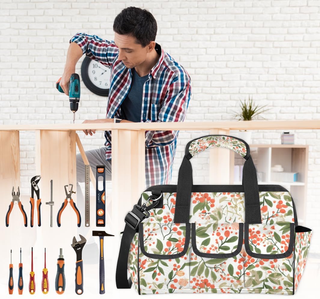 Cute Funny Flowers Tool Bag with Multi-Pockets Wide Mouth Tool Tote Bag for Women and Men Waterproof Tool Organizer Storage Bag with Adjustable Shoulder Strap and Ergonomic Handle