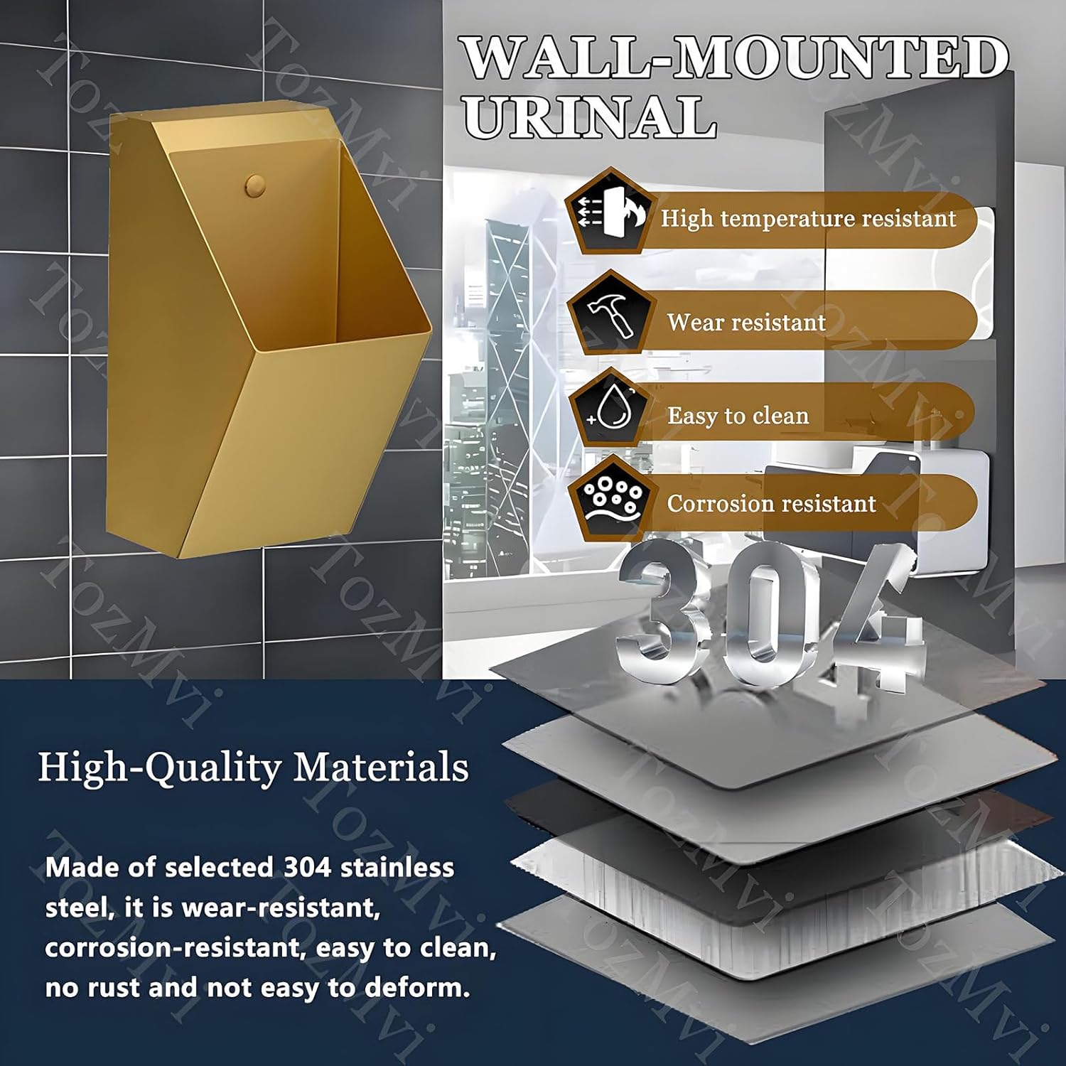 Commercial Washout Urinal,Wall-mounted Stainless Steel Intelligent Flushing Urinals,Wall Mounted Sensor Urinal,Modern Style,Sensor Flush,Waterless Urinal,Gold