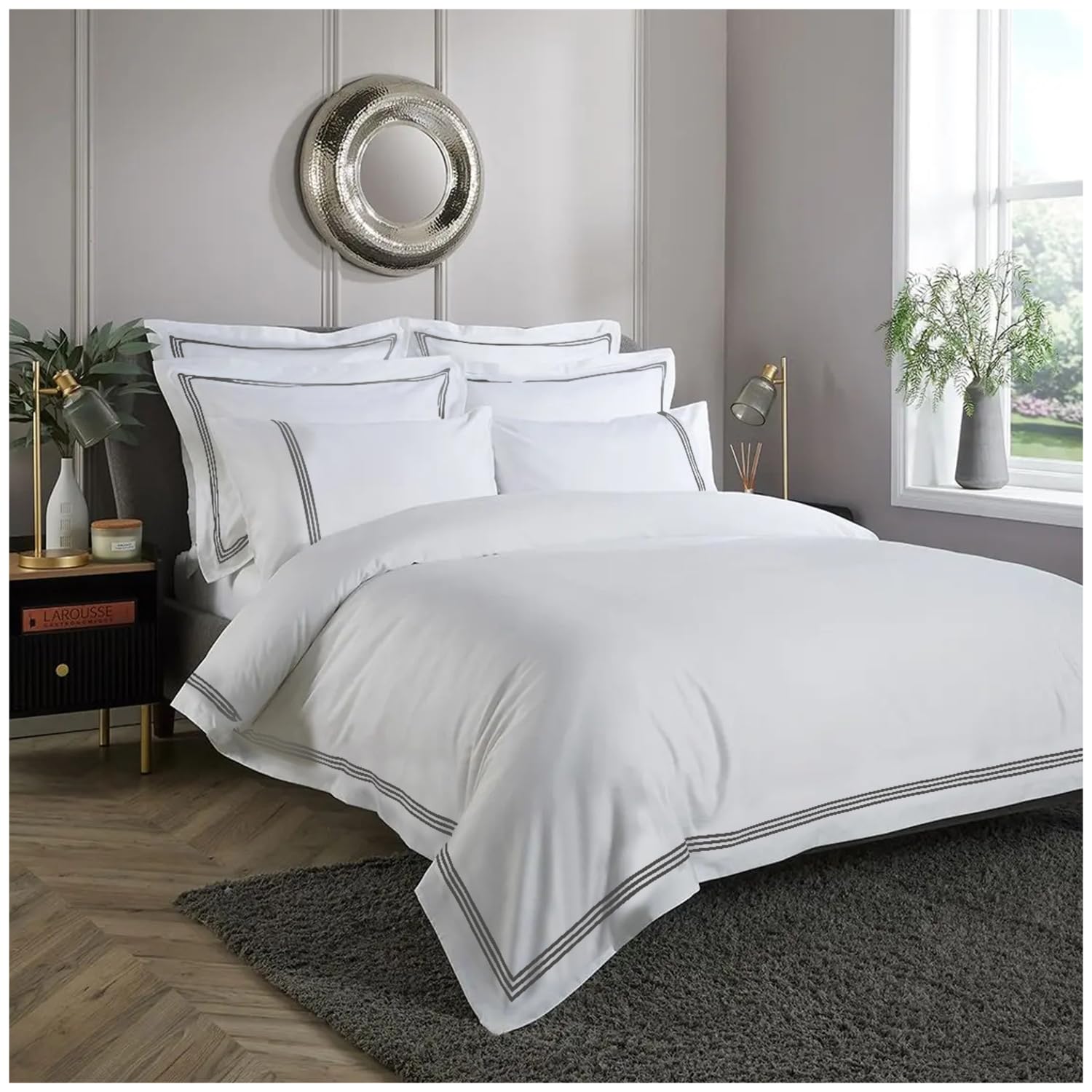 Gc Gaveno Cavailia White/Charcoal Hotel Quality Duvet Covers With Pillow Case, Embroidered Border Duvet Cover King Size, Reversible King Size Bedding