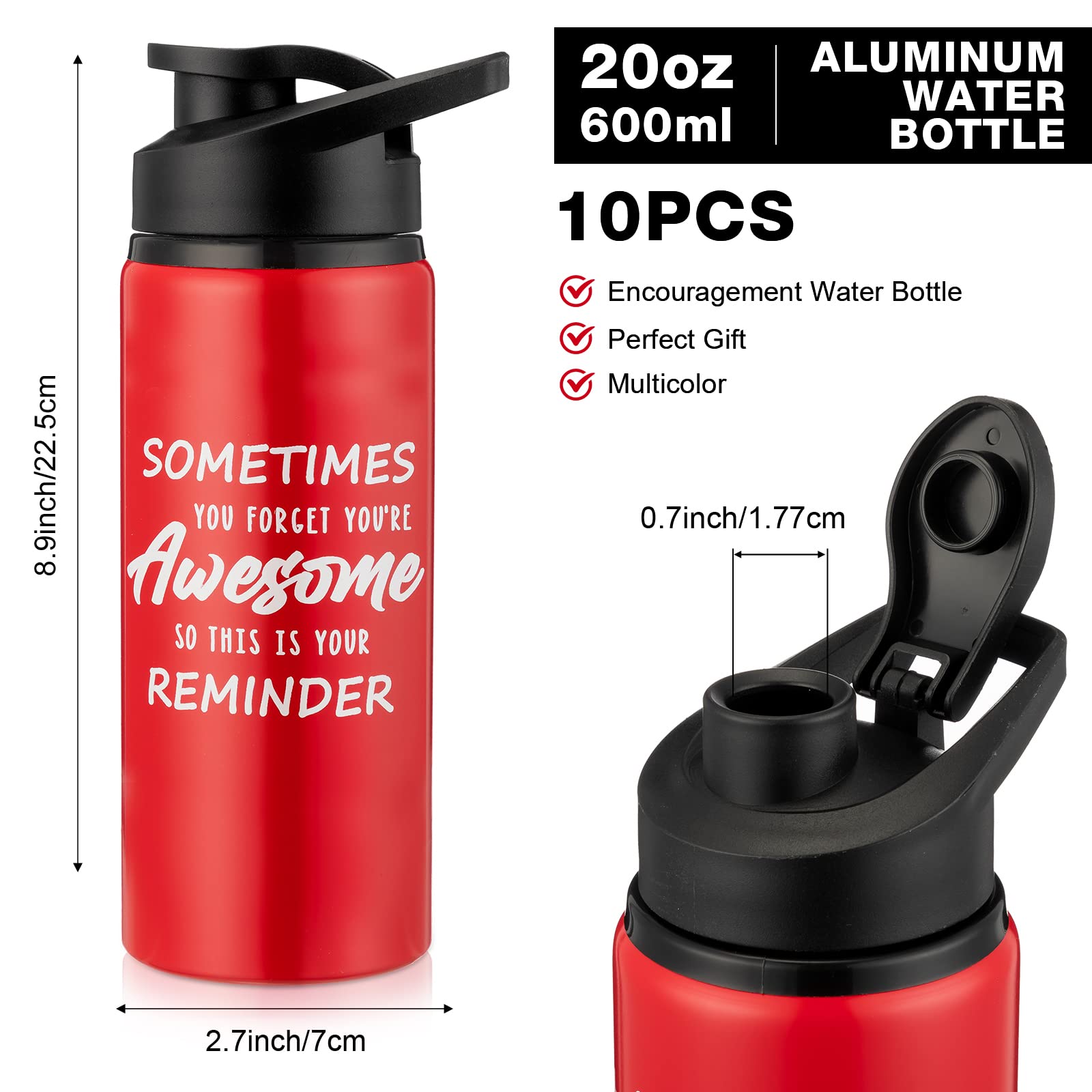 10 Stück Aluminium-Wasserflaschen mit Schnappdeckel, Dankeschön, leicht, auslaufsicher, Sport-Wasserflasche, Reiseflaschen für Fitnessstudio, Camping, Wandern (mehrfarbig, 590 ml)