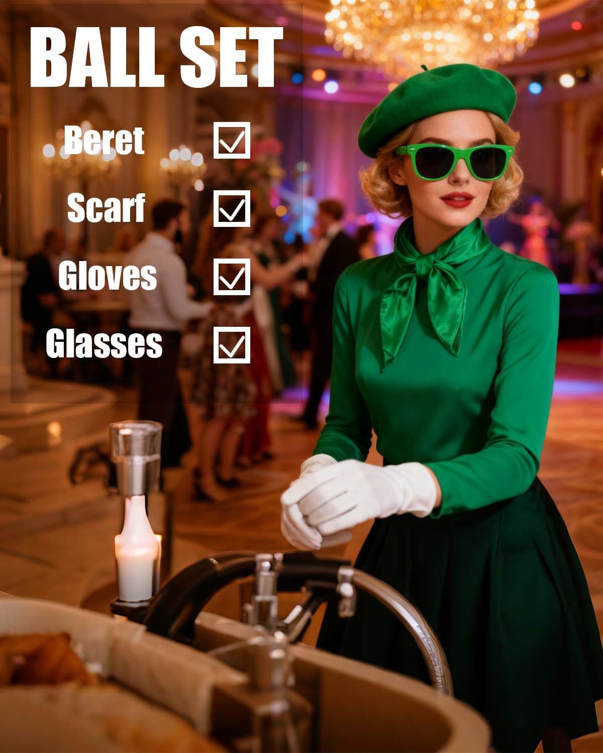 French Beret Hat Set,4 Pcs Solid Color Wool Beanie Hat with Chiffon Scarf Gloves Retro Sunglasses for Fancy Dress Costume - Image 3