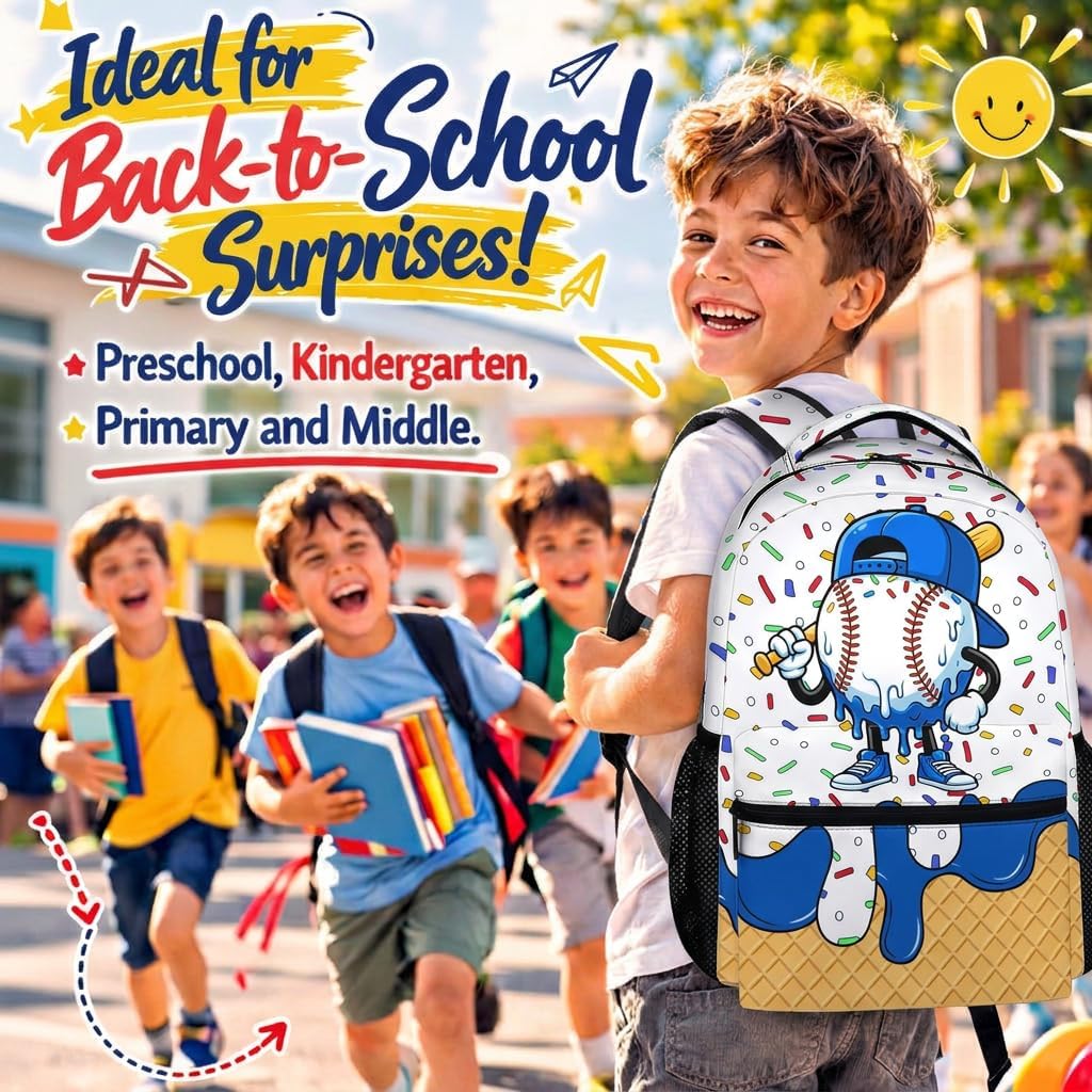 Boys Backpack for Baseball Lovers Kids Toddlers Teens, Blue Baseball Drip Backpacks School Supplies for Preschool Elementary