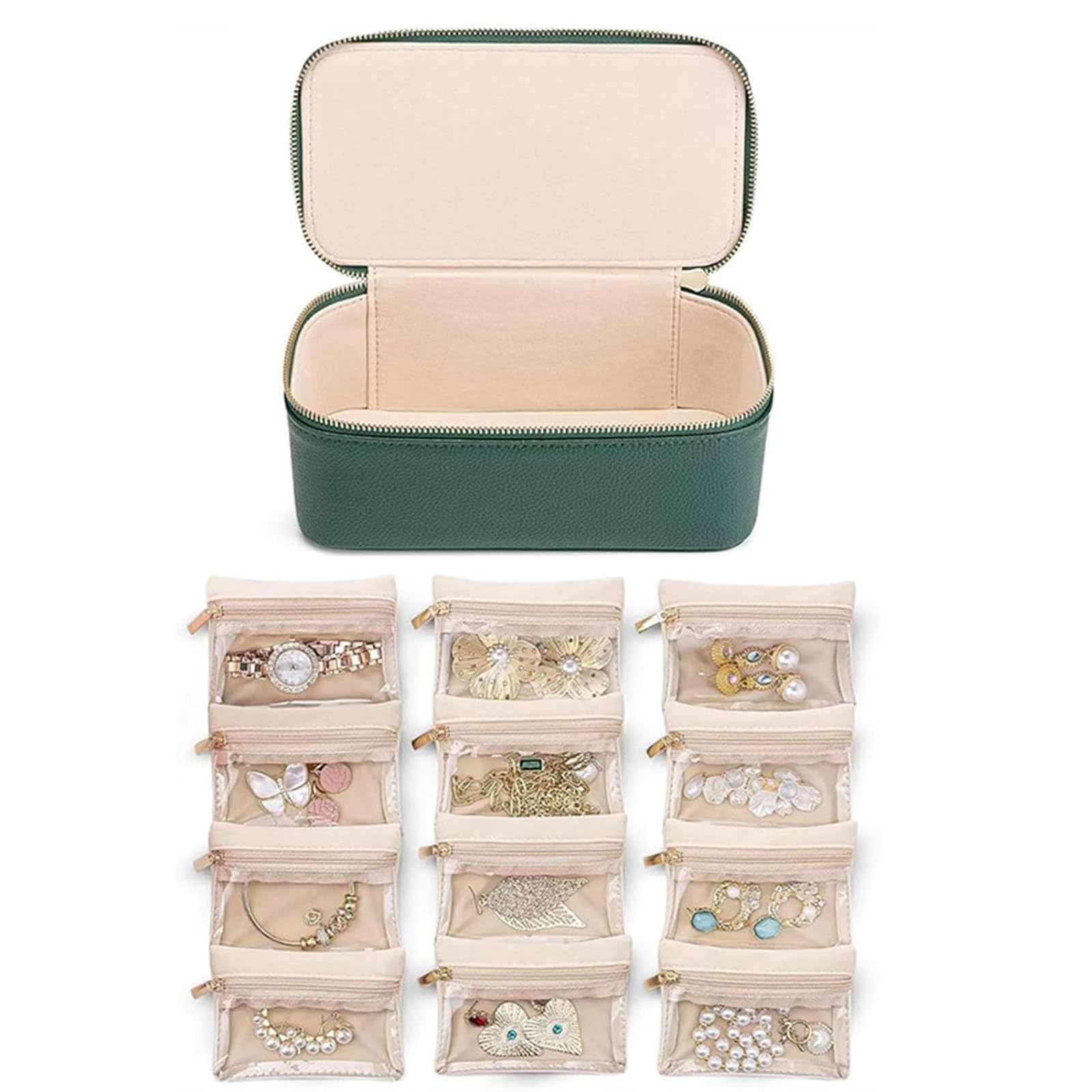 Familiarn - Joyero de viaje con bolsas pequeñas, organizador de joyas portátil de piel sintética para aretes, anillos, pulseras, impermeable, 12 bolsas (amarillo)