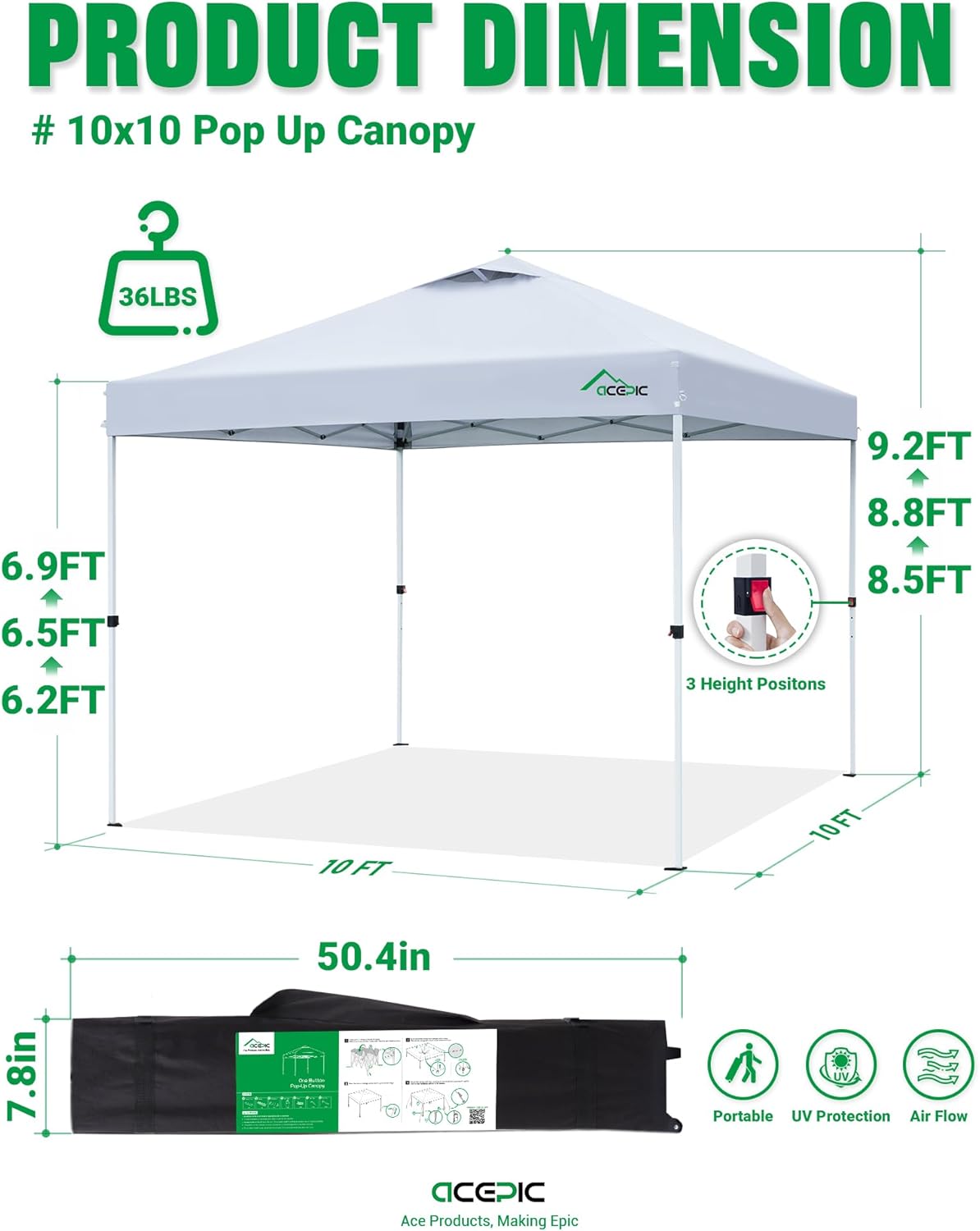 10x10 Pop Up Canopy Tent, One Push Instant Outdoor Gazebo with Vented Top, Upgraded 300D Silver Coated Sun Shade for Parties Camping Vendor, Includes Wheeled Bag and 4 Sandbags, White