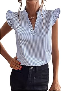 Blusa a rayas con cuello en V y mangas casquillo con volantes para mujer