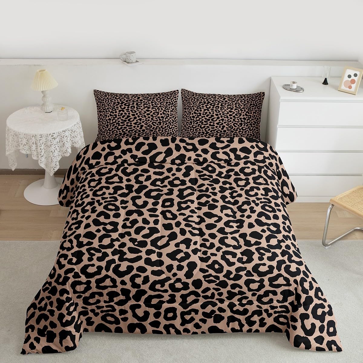 Feelyou Brown Leopard Print Comforter Set Full Size Cheetah Bedding Set for Kids Boys Girls Animal Print Duvet Quilt Safari Bedroom Decor Microfiber 3 Pcs with 2 Pillow Cases