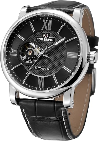 FORSINING Men's Automatic Mechanical Fashion Big Face Leather Strap Wrist Watch 3-Black